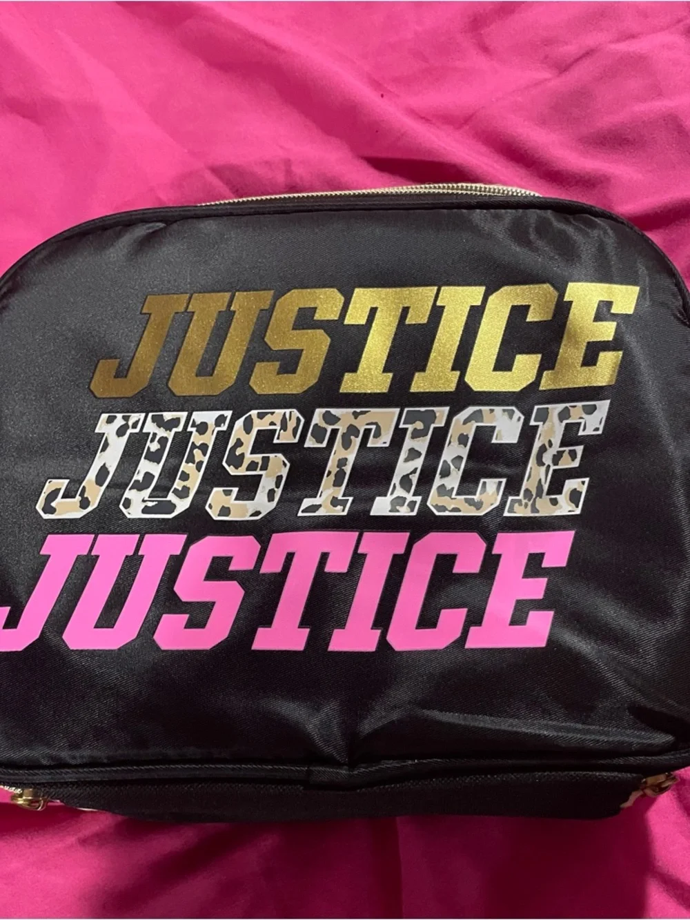 Justice Black Cosmetic Bag with Gold, Leopard and Pink Logo